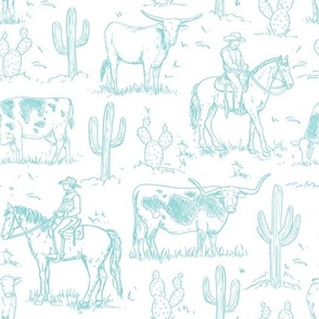 Cowboy Toile, Western Toile, Vintage Toile, Cowboy Fabric WB24 large scale turquoise