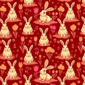 Easter Bunny Meadow  - Cream + Orange +Pink + Red  ( Small )
