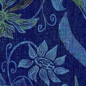 24” repeat heritage large handdrawn sunflowers, tulips, grapes in damask style earthy orange golden and pale blue on faux woven texture in deep blue ultramarine hues