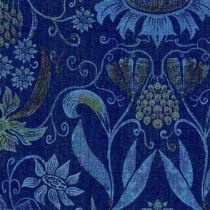 12” repeat heritage medium handdrawn sunflowers, tulips, grapes in damask style earthy orange golden and pale blue on faux woven texture in deep blue ultramarine hues