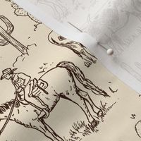Cowboy Toile, Western Toile, Vintage Toile, Cowboy Fabric WB24 medium scale brown on cream