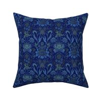 6” repeat heritage small handdrawn sunflowers, tulips, grapes in damask style earthy orange golden and pale blue on faux woven texture in deep blue ultramarine hues