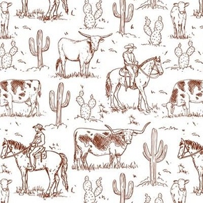 Cowboy Toile, Western Toile, Vintage Toile, Cowboy Fabric WB24 medium scale rust brown on white