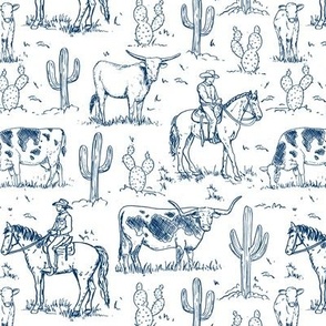 Cowboy Toile, Western Toile, Vintage Toile, Cowboy Fabric WB24 medium scale navy