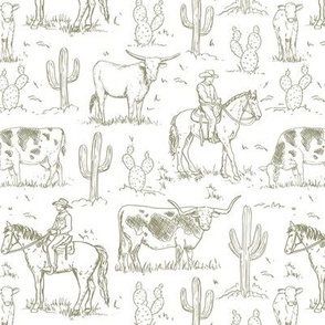 Cowboy Toile, Western Toile, Vintage Toile, Cowboy Fabric WB24 medium scale olive