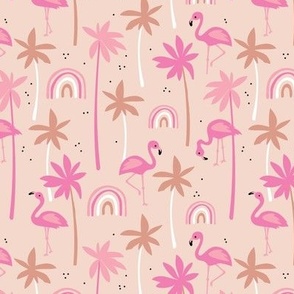 Flamingo summer - flamingos rainbows and palm trees vintage kids animal pattern pink caramel blush tan girls seventies palette