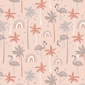 Flamingo summer - flamingos rainbows and palm trees vintage kids animal pattern gray caramel blush seventies palette