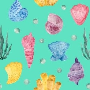 M,Coastal Bliss Watercolor Ocean Life,Vibrant Seashell–Medium Aquamarine,Turquoise,Blush
