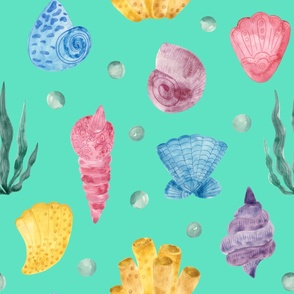 Jumbo,Coastal Bliss Watercolor Ocean Life,Vibrant Seashell–Medium Aquamarine,Turquoise,Blush