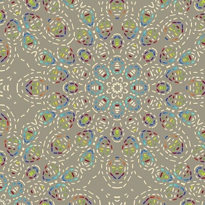 Kaleidoscope Cascade in Rainbow and Off White on Green Gray