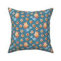 M,  Bright Floral Undersea Purrmaid Cats - Air Force Blue, Orange