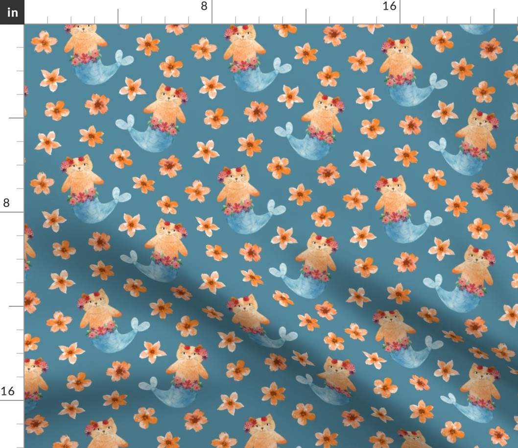 M,  Bright Floral Undersea Purrmaid Cats - Air Force Blue, Orange