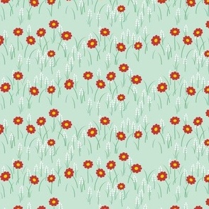 Lois Floral: Jadeite Green & Red Meadow Flowers, Cottage Small Print 