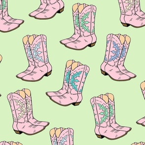 Cowboy boots in pink on a green background (large)