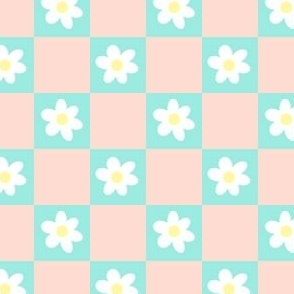 Checkered Pink and Blue Daisy Print