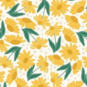 Yellow Daisies on a White Polka Dot Background Small Scale