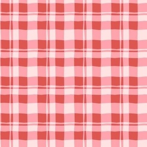 Wavy Hand Drawn Pink, Red and White Check Plaid Gingham