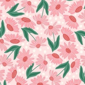 Pink Daisies on a Light Pink Polka Dot Background Small Scale