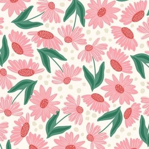 Pink Daisies on a White Polka Dot Background Small Scale