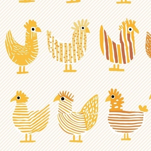 cute whimsical chicken, shades of a happy yellow on light stripes - large scale