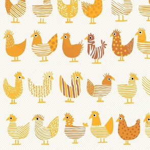 cute whimsical chicken, shades of a happy yellow on light stripes - medium scale