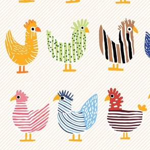 cute whimsical chicken, colorful happy tones on light stripes - large scale