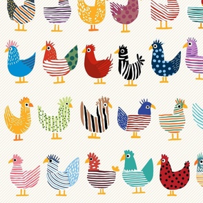 cute whimsical chicken, colorful happy tones on light stripes - medium scale