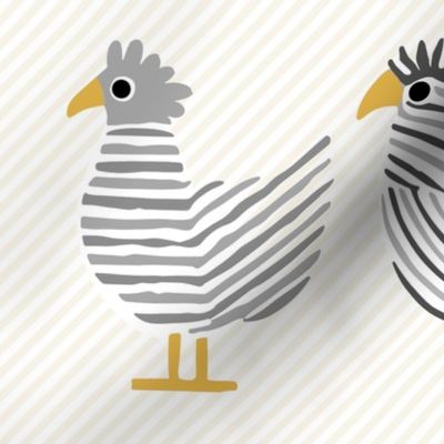 cute whimsical chicken, shades of a happy grey and black on light stripes - large scale