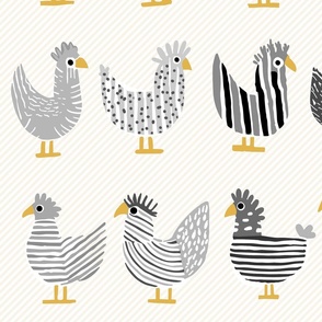 cute whimsical chicken, shades of a happy grey and black on light stripes - large scale