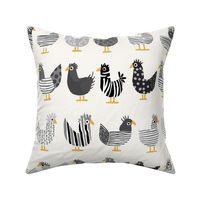 cute whimsical chicken, shades of a happy grey and black on light stripes - medium scale