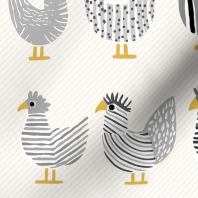 cute whimsical chicken, shades of a happy grey and black on light stripes - medium scale