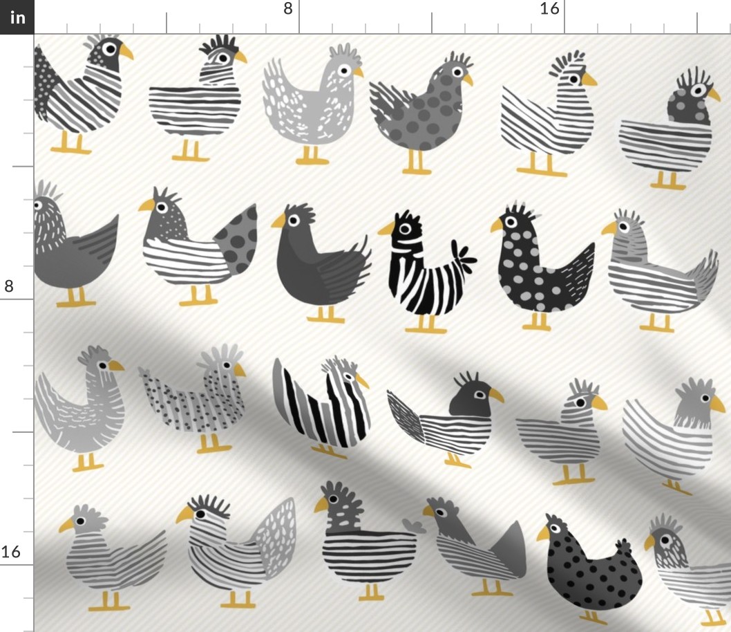 cute whimsical chicken, shades of a happy grey and black on light stripes - medium scale