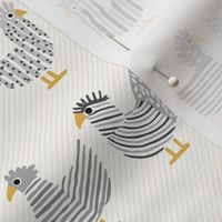 cute whimsical chicken, shades of a happy grey and black on light stripes - small scale