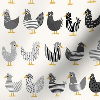 cute whimsical chicken, shades of a happy grey and black on light stripes - small scale