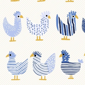 cute whimsical chicken, shades of a happy blue on light stripes - large scale