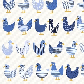 cute whimsical chicken, shades of a happy blue on light stripes - medium scale