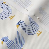 cute whimsical chicken, shades of a happy blue on light stripes - small scale