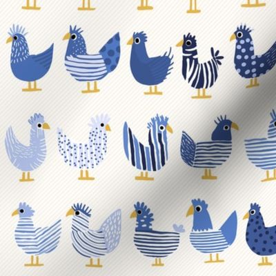 cute whimsical chicken, shades of a happy blue on light stripes - small scale