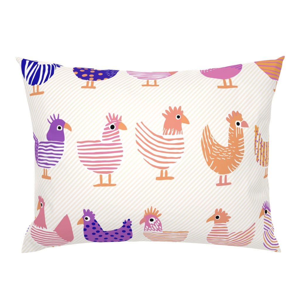 cute whimsical chicken, shades of a happy colorful pink on light stripes - large scale