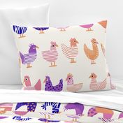 cute whimsical chicken, shades of a happy colorful pink on light stripes - large scale