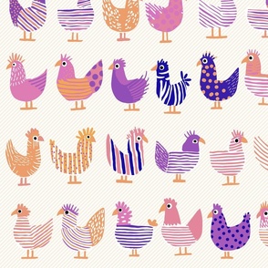 cute whimsical chicken, shades of a happy colorful pink on light stripes - medium scale