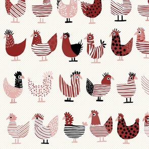 cute whimsical chicken, shades of a happy red abd pink on light stripes - medium scale