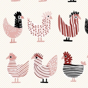 cute whimsical chicken, shades of a happy red abd pink on light stripes - large scale