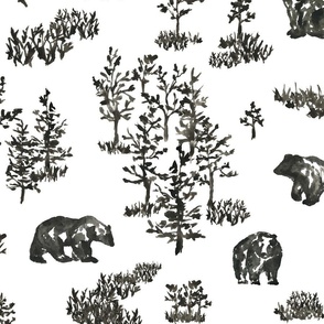 large - Bears in woodland forest - hand-painted toile de jouy dark brown watercolor on blue
