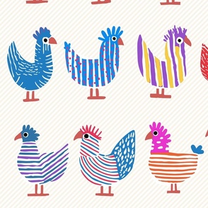 cute whimsical chicken, shades of bold neon colors on light stripes - large scale