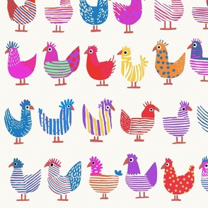 cute whimsical chicken, shades of bold neon colors on light stripes - medium scale