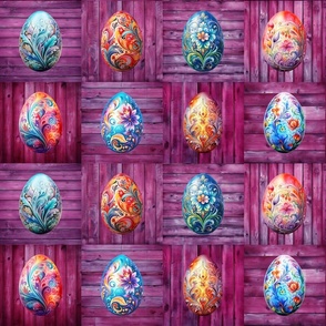 PAINTED EASTER EGGS ON WOOD CHECKERBOARD MAGENTA PINK FLWRHT