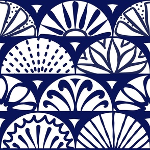 (L) Scallop Shell Doodles Tiles Coastal Blue and White