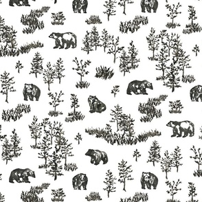 medium - Bears in woodland forest - hand-painted toile de jouy dark brown watercolor on blue