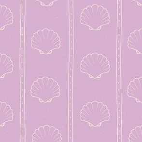 Cream while stripes and sea shells on pastel lilac